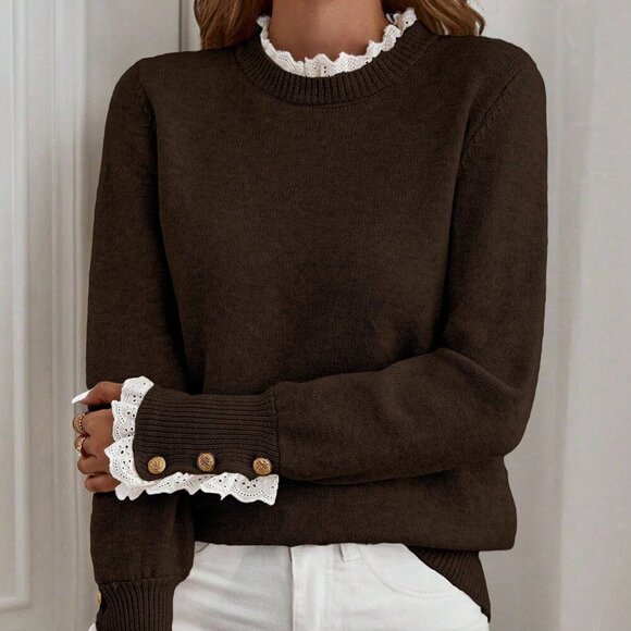 Brown Casual Women's Apricot Floral Trim Sweater - Picture 1 of 6